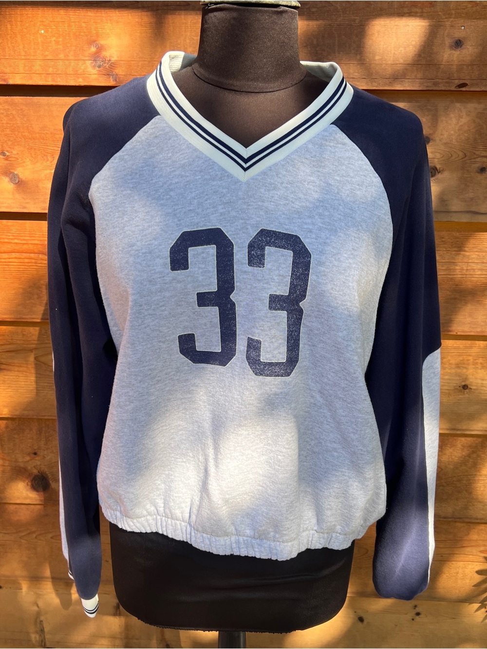 Urban Outfitters Navy and Light Gray Raglan '33' V‑Neck Sweatshirt